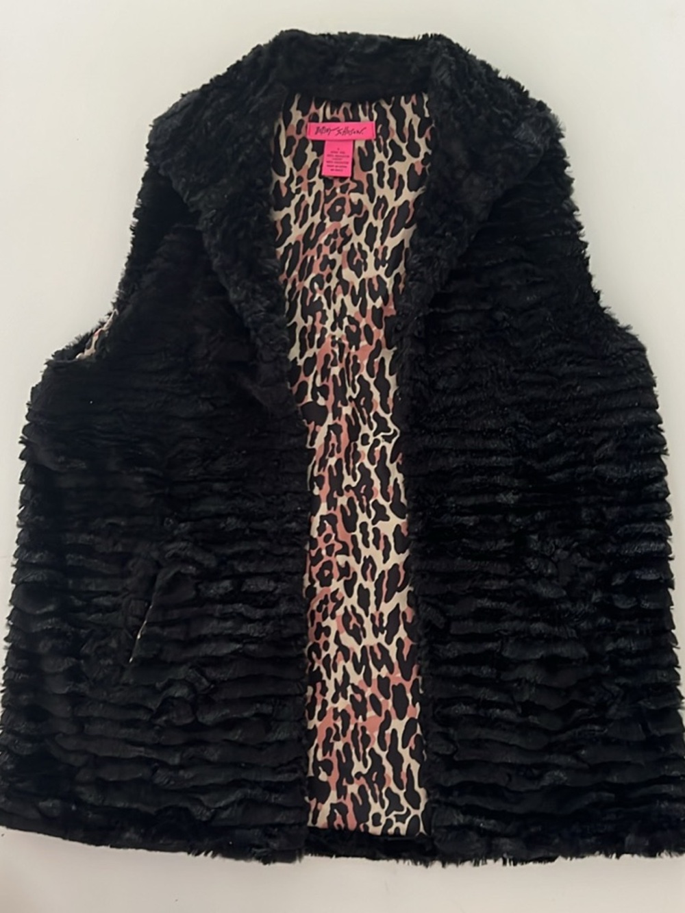 Betsey Johnson Black Faux Fur Vest with Leopard-Print Lining